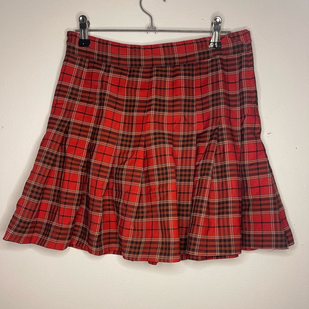 Pleated Plaid Red Mini Skirt